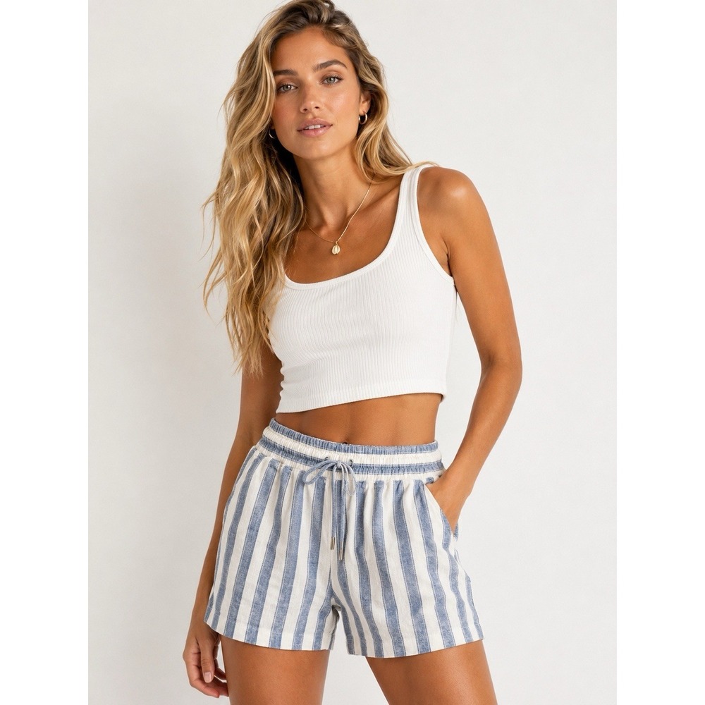 GAP Linen Blend Striped‎ Pull On Shorts Blue White Coastal Beachy Resort Cottage